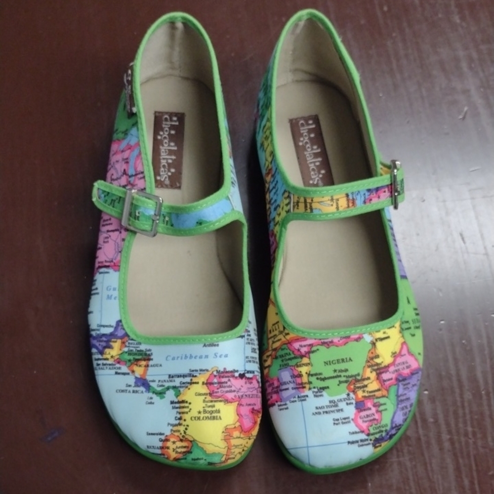 Chocolaticas Mary Jane Green and Blue World Map Flats with Strap, (2004)